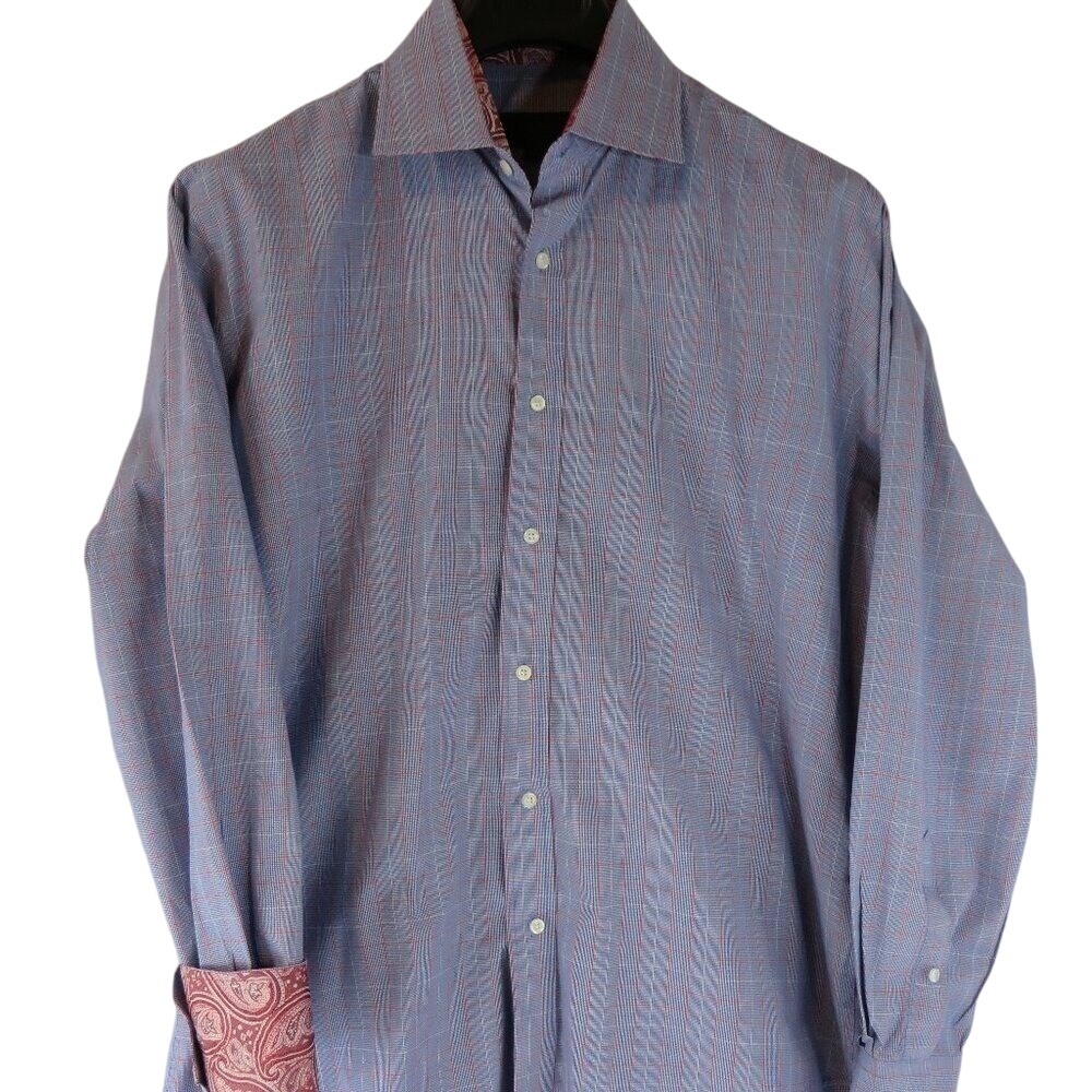 Haggar Mens Blue Red Micro Check Plaid Dress‎ Shirt Paisley Trim Cuff/Slve Large